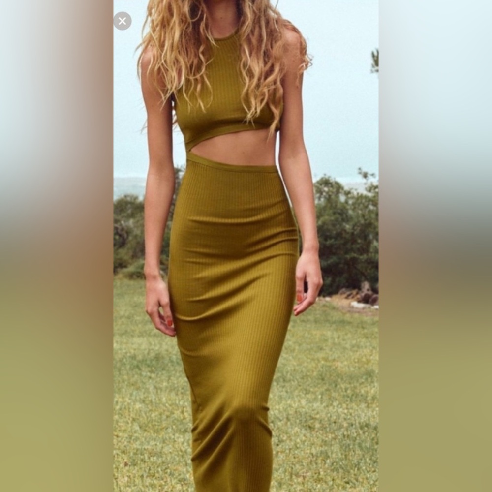 ZARA Olive Ribbed Cut-Out Midi Dress Tie Waist Bodycon Size Large